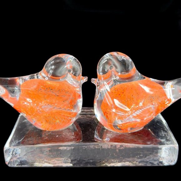 Vintage Murano ICET Hand Blown Glass Love Birds On Clear Block Sculpture Orange - Picture 2 of 14